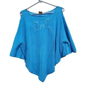 Somi Womens Gauze Embroidered Top Size Medium Blue Beach Batwing Angle Hem Beach